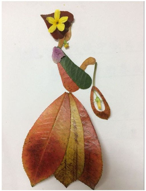 树叶贴画-穿裙子手拿花扇的小姑娘制作方法
