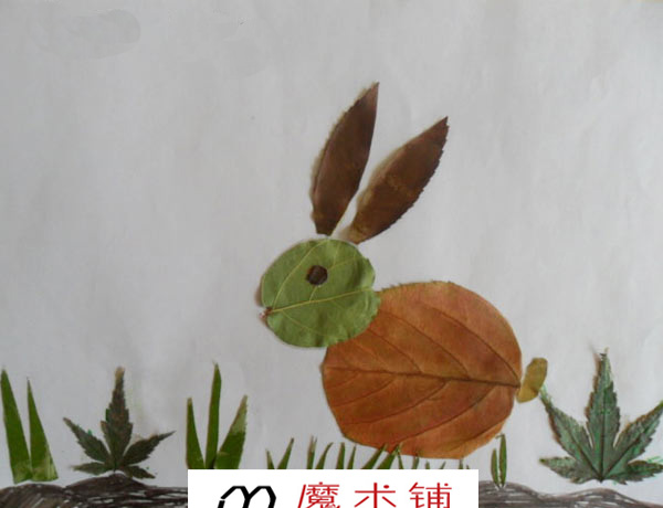 儿童树叶贴画动物牛虎兔作品展示