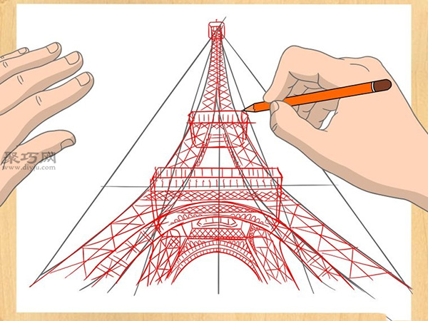 从底部仰望埃菲尔铁塔的画法步骤 12