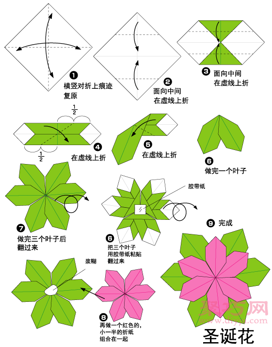 圣诞花的折法图解教程 教你怎么折纸圣诞花