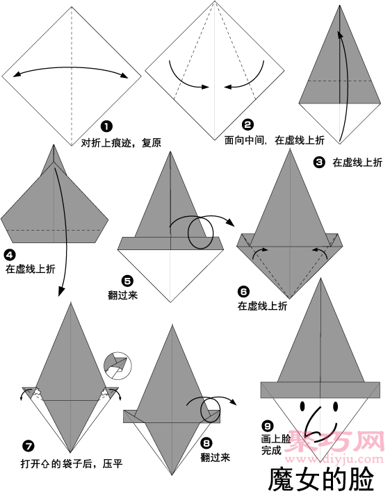 手工折纸女巫步骤图解 折纸女巫的折法